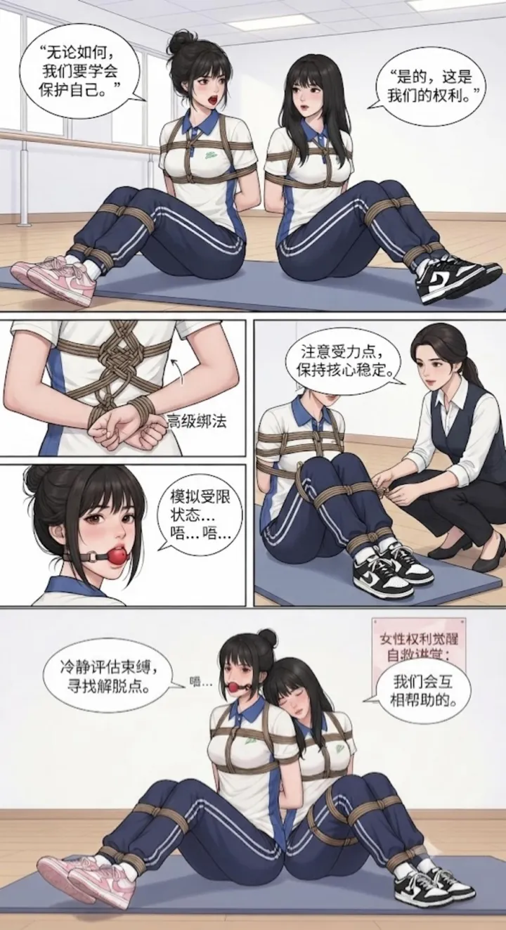 中式校服篇 两个女生身穿中式校服演示如何自救，各种老师详细讲解，最后两个女生被老师装进麻袋用面包车运走